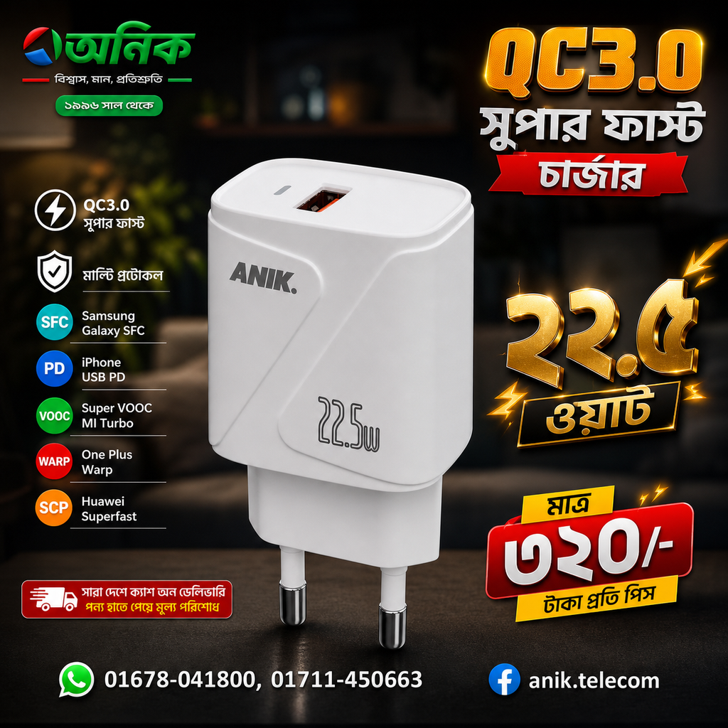 ANIK 22.5W QC3.0 Multi-Protocol Super Fast Charger (Free Cable Included)