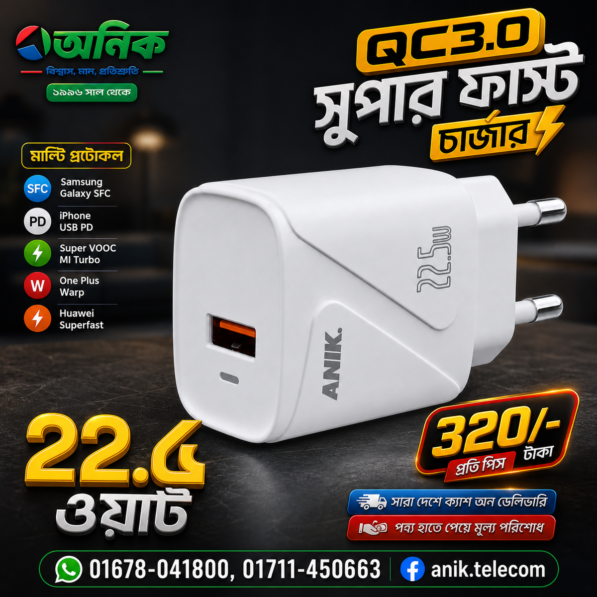 ANIK 22.5W QC3.0 Multi-Protocol Super Fast Charger (Free Cable Included)