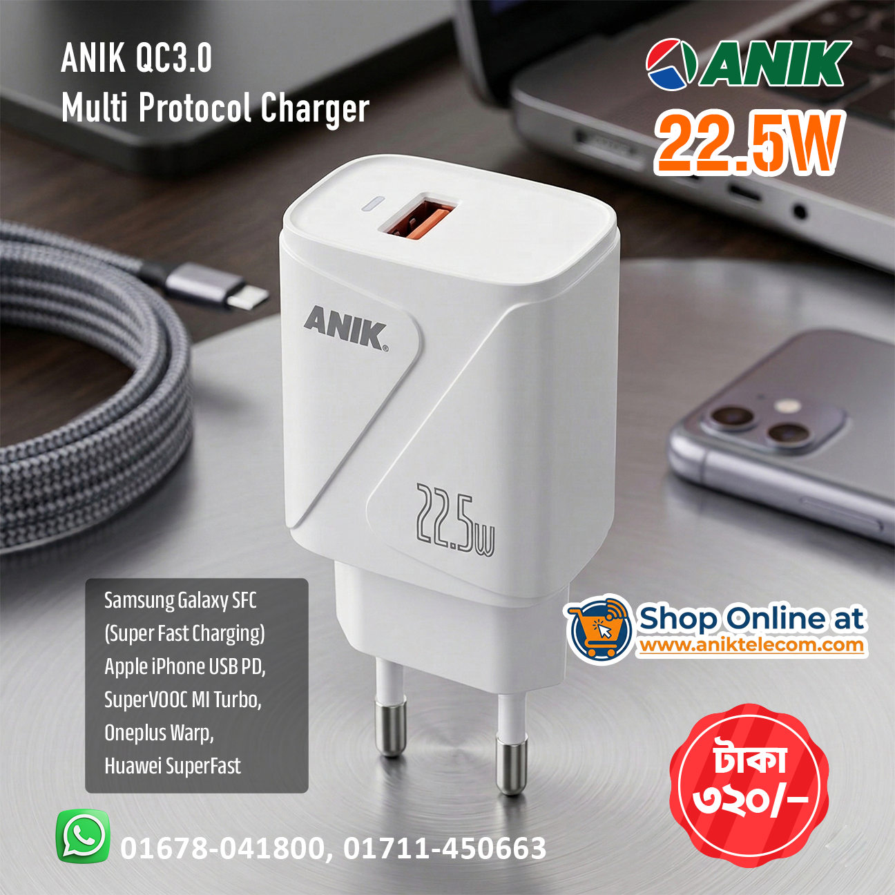 ANIK 22.5W QC3.0 Multi-Protocol Super Fast Charger (Free Cable Included)