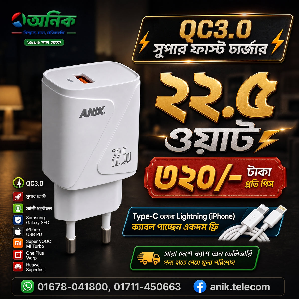 ANIK 22.5W QC3.0 Multi-Protocol Super Fast Charger (Free Cable Included)