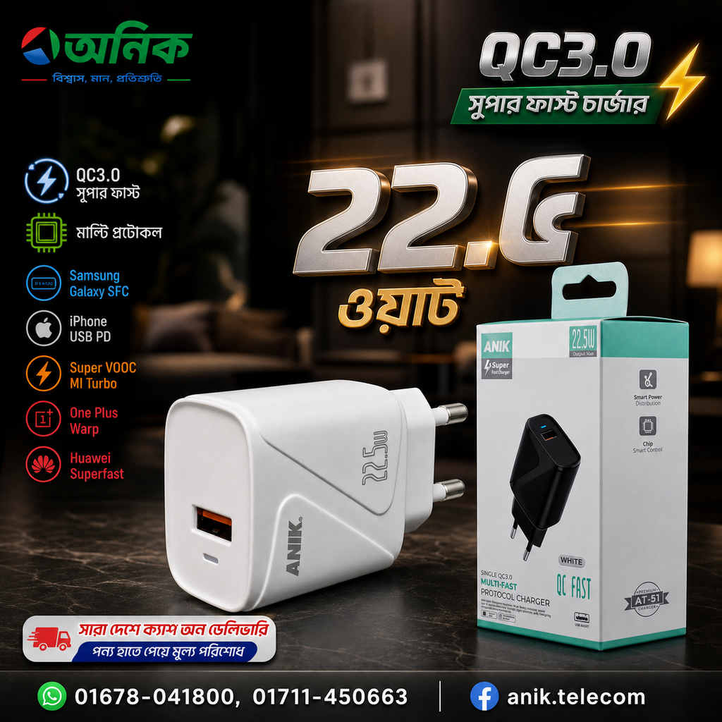ANIK 22.5W QC3.0 Multi-Protocol Super Fast Charger (Free Cable Included)