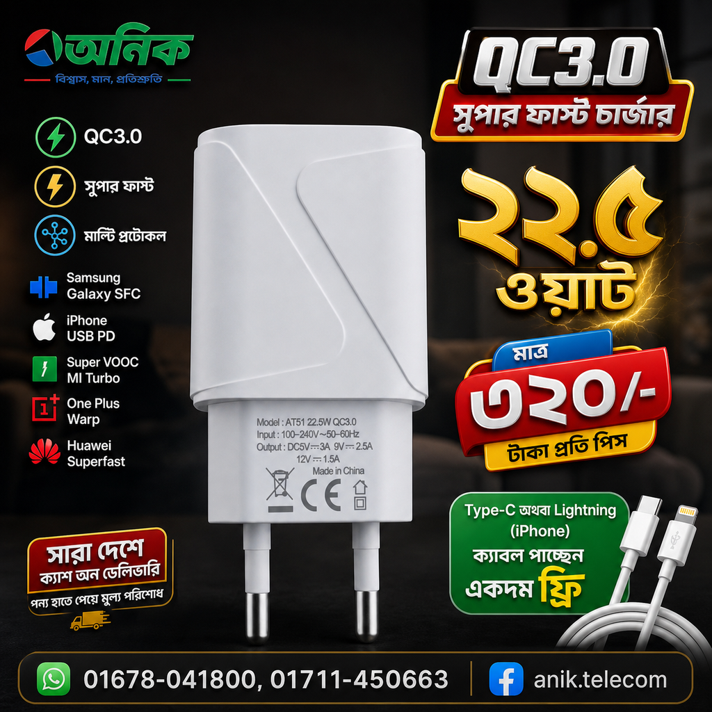 ANIK 22.5W QC3.0 Multi-Protocol Super Fast Charger (Free Cable Included)