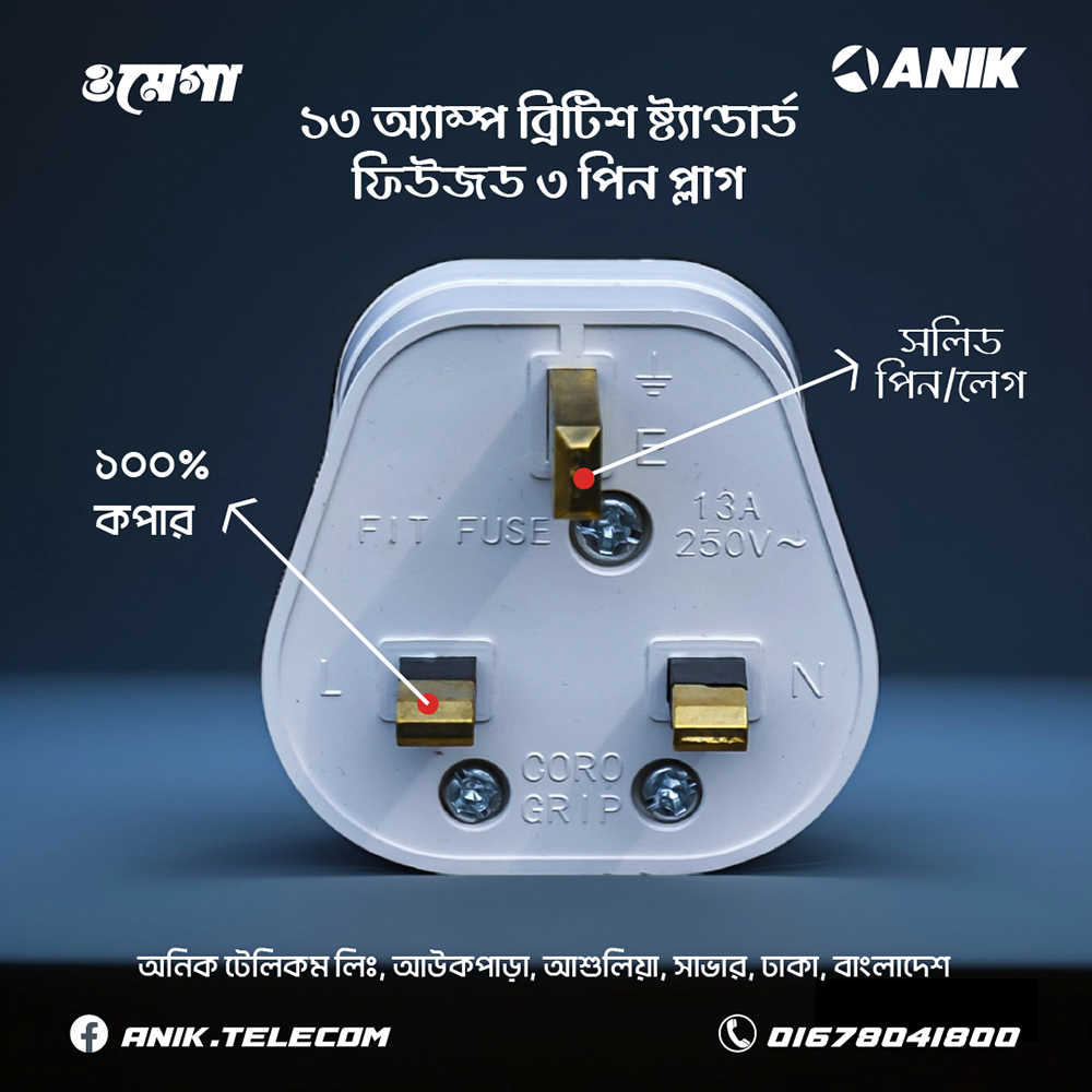 British Standard 3 Pin 13Amp Fused Plug, Model - Omega